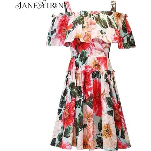 Janeyiren New 2021 Fashion Runway Summer Elegant Cotton Dress Women Spaghetti Strap Ruffles Floral print Vintage Vacation Dress