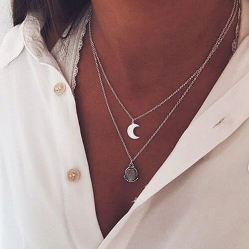 Bohemian Fashion Alloy Moon Pendant Necklace for Women Natural Stone Water Drop Necklaces