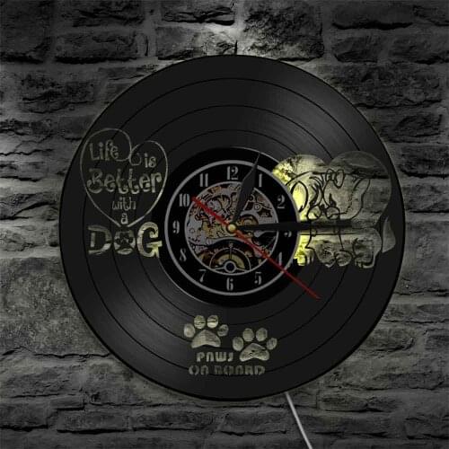 Life Is Better With A Dog Wall Art Clock Inspirational Quote Vet Clinic Dog Vintage Vinyl Record Wall Clock with LED Light Gift