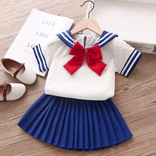 2021 New Summer Girl Clothes Sets Fashion Kids Clothes 2Pcs Navy Short Sleeve +Pleated Skirt Cute Toddler Children Clothes Suit