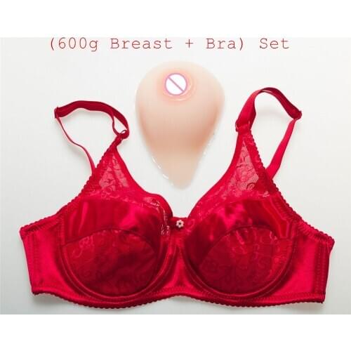 600g/pair Classic Curved White Silicone Breast+Sexy Lace and Satin Pocket Bra) Silicone Boobs Form Fake Tits With Bra Set