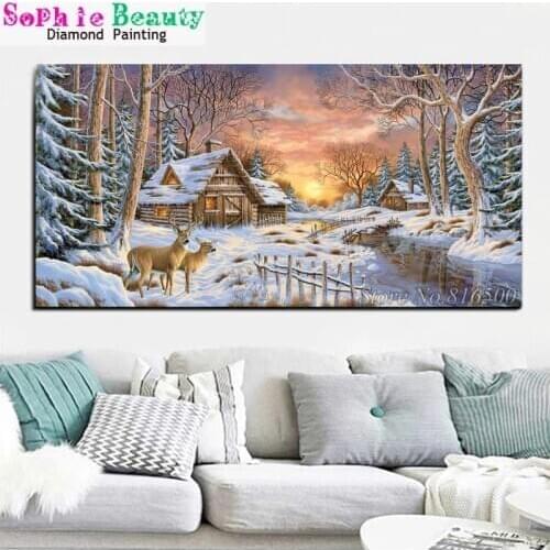 5D Diy Diamond Painting Winter Snow House Scenery Diamond Embroidery Handicraft Full Mosaic Christmas Deer decoration 20A101