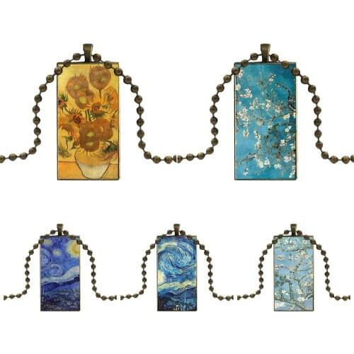 For Unisex Fashion Glass Cabochon Pendant Rectangle Necklace Choker Necklace Jewelry Classic Vintage Van Gogh Art Painting