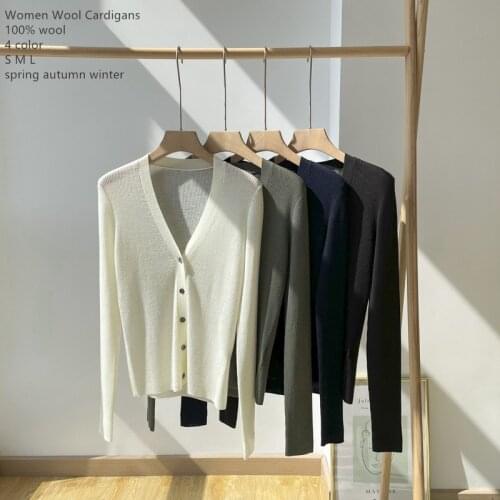 Naizaiga 100% wool V-neck Solid long sleeve Slim white gray blue Women spring autumn Cardigans Sweater PRFS165