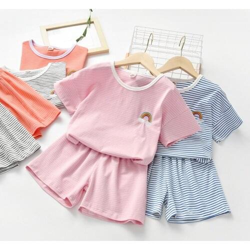 Cute Children Girls Set Striped Summer 2021 New Children Clothes Rainbow Two Piece Cotton Shorts Set Pink 2.3.4.5.6 Years
