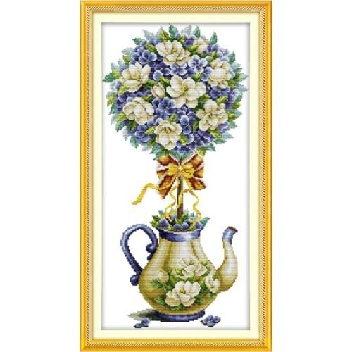 Magnolia Teapot Flowers Paintings Printed On Canva DMC 11CT 14CT Chinese Cross Stitch Patterns Kits Embroidery Needlework Sets