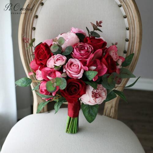 PEORCHID Artificial Burgundy&Pink Bridal bouquet peony real touch bouquet wedding flowers for bridesmaid bride decoration