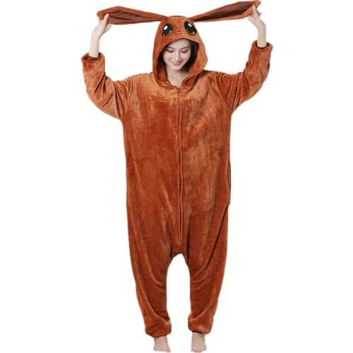 Anime Onesie Zipper Brown Pajama Thick Flannel Kigurumis Unisex Cute Animal Kawaii Sleepwear Winter Overalls Warm Homewear