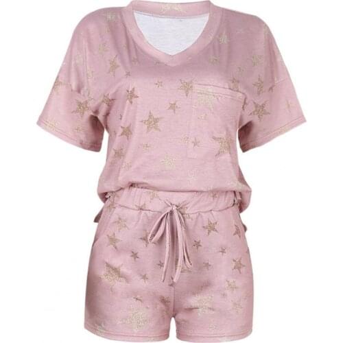 Sleepwear Five-pointed Star Print Convenient Polyester Short Sleeve Top Pants Suits for Bathroom
