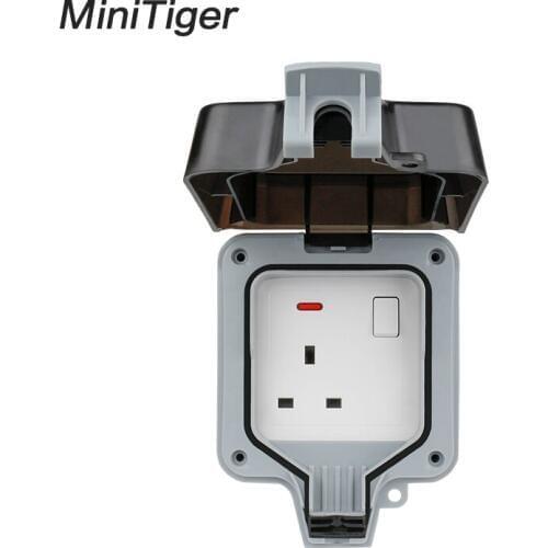 Minitiger IP66 Weatherproof Waterproof Outdoor Wall Power Switched Socket 13A UK Standard British Electrical Outlet With Neon