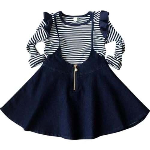 Casual Clothes Set Long Sleeve Striped Printing Baby Kids Girls Ruffled O-neck Autumn Comfortable Splicing Jumper Denim Skirts