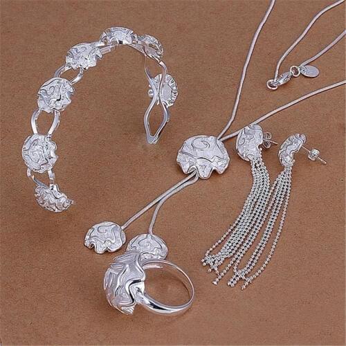 Selling silver color jewelry sets female elegant rose flower pendant necklace bangles ring Stud Earrings S298