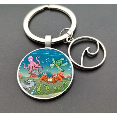 Blue underwater world cartoon keychain high quality glass keychain