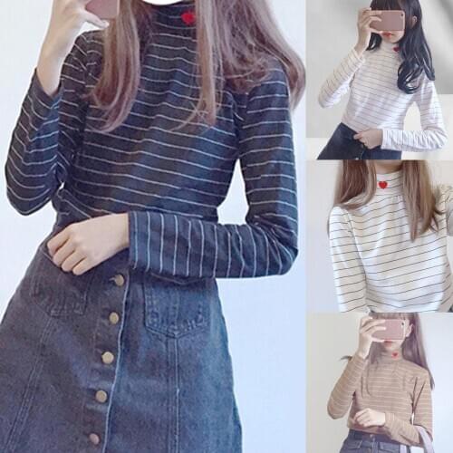 Women Turtle Neck Long Sleeve Stripe Blouse Pullover Love Heart Base T-shirt