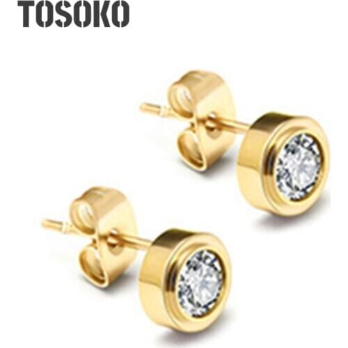 TOSOKO Stainless Steel Jewelry Simple Atmospheric Single Zircon Earrings For Female BSF077