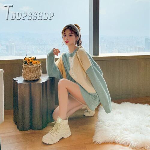 2019 Loose Casual Women Sweater Patchwork O-Neck Jumper Sweaters Tops