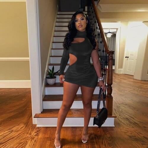 Halter Dress Hollow Out High Neck Sexy Women Clothes Short Dresses Single Long Sleeve Bodycon Spring Solid Elegant Party Dress