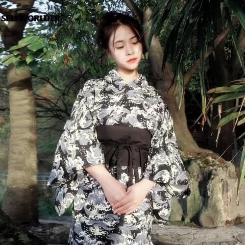 Woman Spindrift Print Long Dress with belt Retro Japanese Kimono Style yukata Girl dress