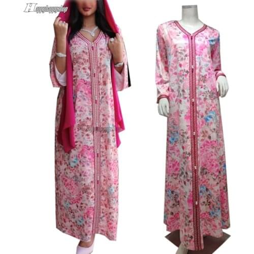2021 Pink Floral Maxi Dress for Women Ethnic V Neck Gown Dubai Arab Long Sleeve Robe Muslim Abaya Kaftan Islamic Clothing S-2XL