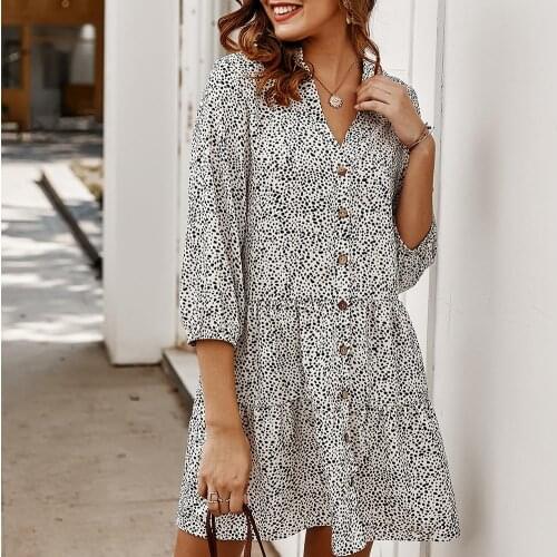 Women Boho Print V Neck 3/4 Sleeve Button Large Swing A-line Beach Mini Dress Casual Clothes Solid Dresses