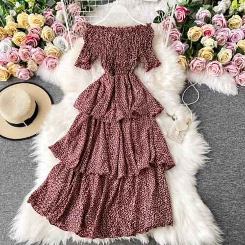 HISUMA Summer Women Slash Neck Flare Sleeve Ruffles Chic Chiffon Cake Dress Lady Elastic Slim Waist Party Floral Ball Gown Dress