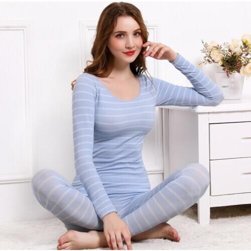 Women Thermal Underwear Long Jhons Striped Cotton Winter Warm Body Clothes O Neck Sleeves Sets