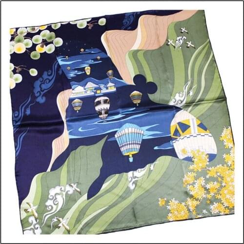 100% Pure Silk Scarf Women Hot Air Balloon Square Scarves Wraps Head Handkerchief Wholesale Hijabs Silk Foulards Bandana 90x90CM