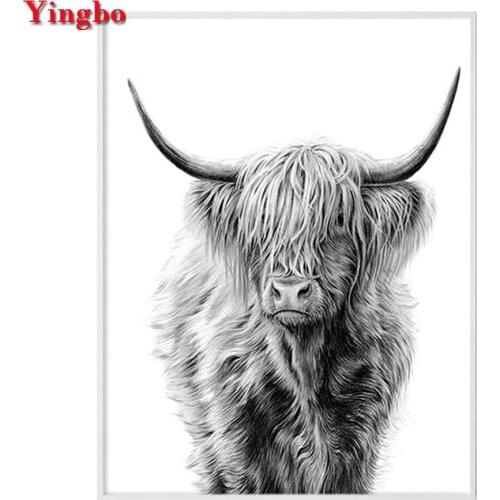 Full circular 5D Diamond Painting Highland cattle Diamond Mosaic Sale Rhinestones Pictures Diamond Embroidery Black white decor