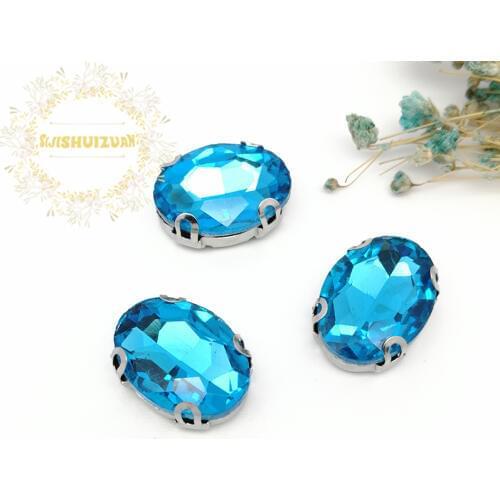 Free shipping! Turquoise blue OVAL shape Glass Crystal sew on rhinestones with D-shape claw Diy wedding decoration