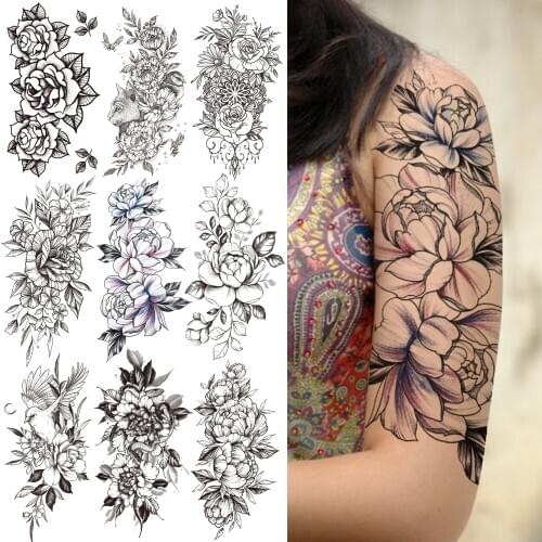 Large Peony Flower Temporary Tattoo For Women Girls Fake Bird Orchid Rose Tattoos Sticker Black DIY Self Adhesive Tatoos Armband