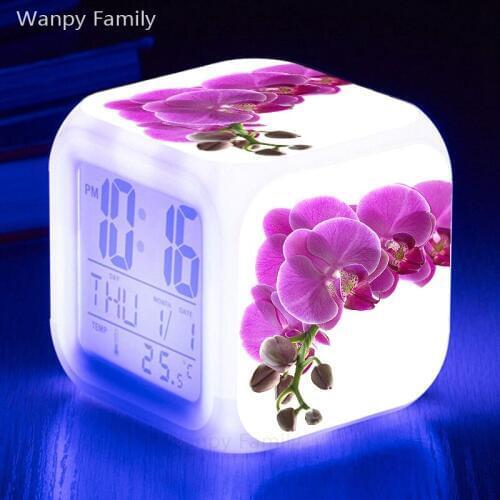 Pink butterfly orchid alarm clock 7 Color Glowing LED Digital alarm clock For student room multifunction electronic alarm clock