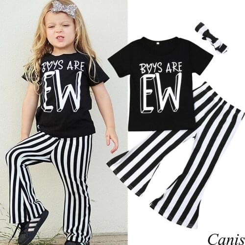 Citgeett Summer Toddler Baby Girl Tops Striped Bell-Bottomed Pants 3Pcs Sunsuit Outfit Striped Summer Set