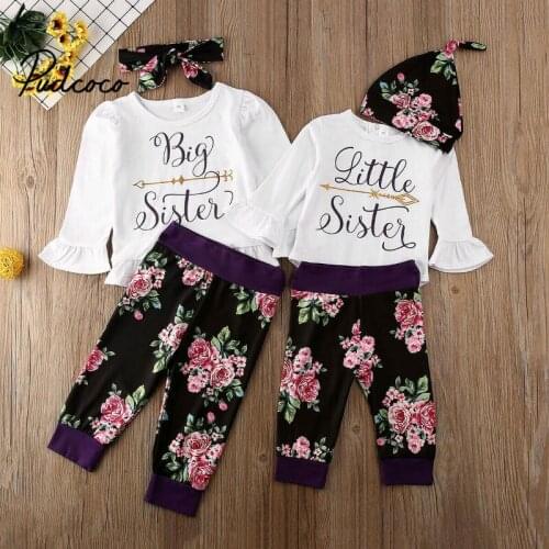 Pudcoco Floral Kid Baby Girl 2021 Spring New Years Big Sister And Little Sister Matching Clothes Girls Letter Print Family Set