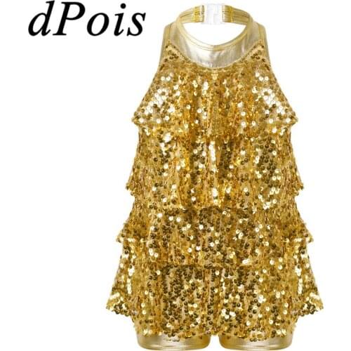 Girls Halter Shiny Sequins Shorty Unitard Dress Kids Ballet Modern Jazz Latin Dance Sparkly Dancewear Children Dance Costume