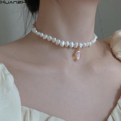HUANZHI 2020 New Baroque Natural Freshwater Pearls Beading Light Purple Moonstone Pendant Clavicle Choker Necklace for Women
