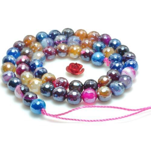 ICNWAY Color Striped Agate Natural Gemstone 6-8mm Beads Facted Round for Silver 925 Jewelry Necklace Earring 15inch