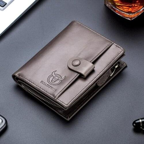 BULLCAPTAIN RFID Mens Wallet Leather Mens Coin Purse Zipper Wallet Card Coin Short Wallet Holder Credit Card Bag