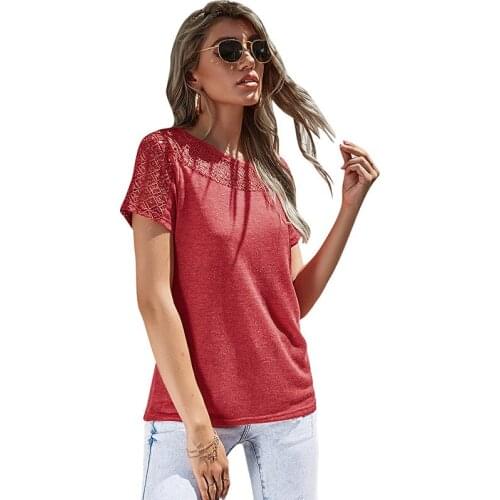 2021 Summer New Womens Top Round Neckhook Flower Hollowed-Out Pure Color Casual Short-Sleeved T-Shirt