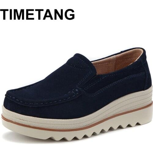 TIMETANG New Spring Autumn Moccasin Womens Flats Suede Genuine leather Shoes Lady Loafers Slip On Platform Woman Moccasins