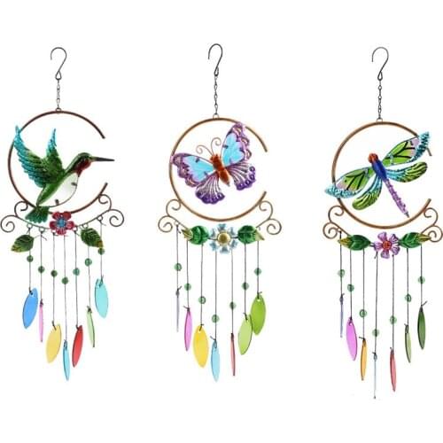 Metal Wind Chimes Hummingbird Butterfly Dragonfly 7 Color Glass Sheet Pendant Home Indoor Yard Garden Outdoor Living Decoration