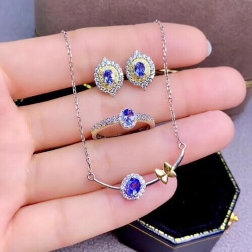 100% Natural Real Tanzanite jewelry set Natural Real Tanzanite 925 sterling silver 1pc pendant,1pc ring,2pcs Earring