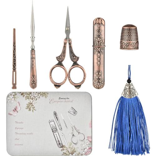 7pcs/sets Vintage Scissor Sewing Tool Set Embroidery Scissor Needle Case Needle Bottle Sewing Thimble Antique Craft Sewing Tool