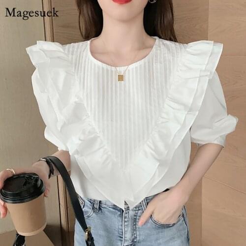 New Ruffled O-neck Cotton Shirt Fashion Female Palace Style Slim Blouse Retro Solid White Sweet Puff Sleeve Womens Shirt 14062