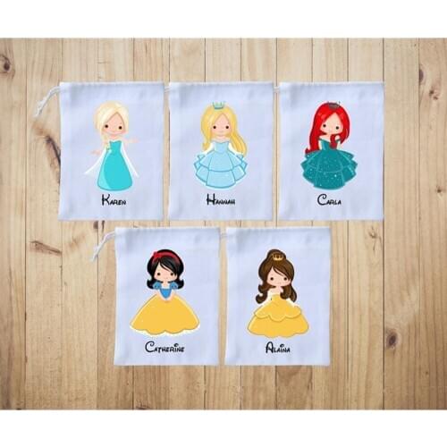 Custom Princess birthday Favor Bags 10pcs Frozen Drawstring canvas bag kids party thank you gift bag girls weekend Welcome Bag