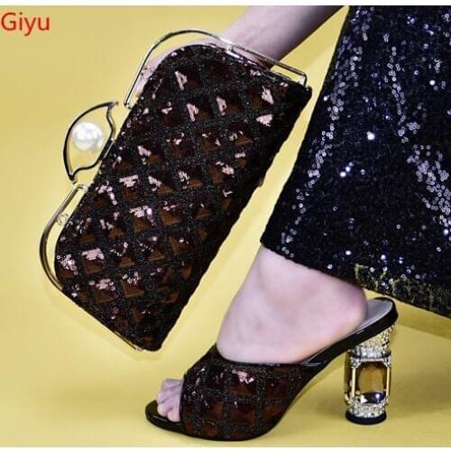 Doershow hot Italian Shoes With Matching Bags Set Italy African Womens Party Shoes and Bag Sets coffee Color Women shoes!HAB1-2