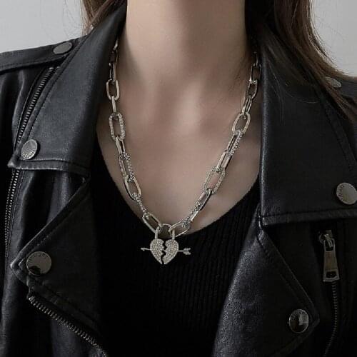 Origin Summer Statement Bling Bling Rhinestone Arrow Love Heart Pendant Necklace for Women Vintage Lock Necklace Jewelry