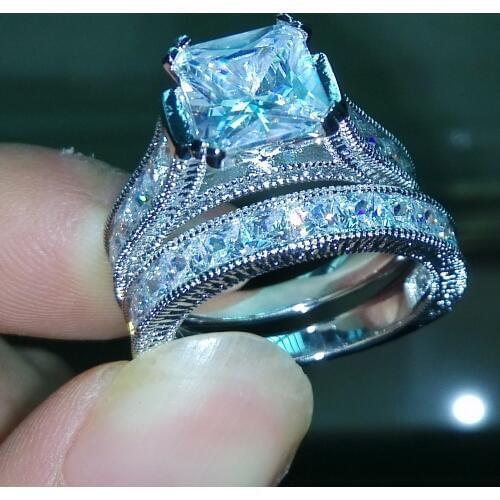 Luxury Jewelry Princess cut simulated stones 14kt white gold filled Wedding Band Finger Women Bridal Ring Set Gift Size 5-11