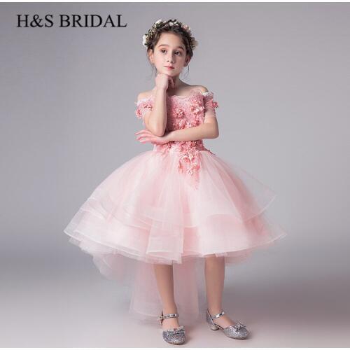 H&S BRIDAL Pink flower girl dresses High low Kids dresses for wedding Ball Gown Girls Pageant Dresses vestidos
