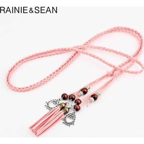 Pink Braided Belt For Women Pu Leather Ladies Belts For Dresses Tassel Beaded Boho Fashion Summer Belt Women 170cm