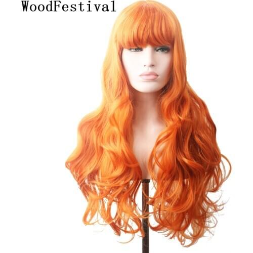 WoodFestival Ladies Synthetic Hair Orange Wig With Bangs Cosplay Wigs For Women Long Wavy Female Hairline Black To Grey 30Inches